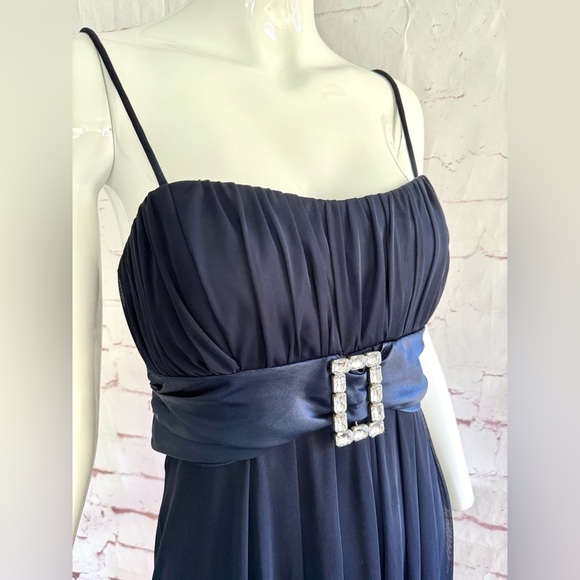 Vintage Y2K L CITY TRIANGLES Navy Chiffon Rhinestone Buckle Party Dress Large - Picture 3 of 13